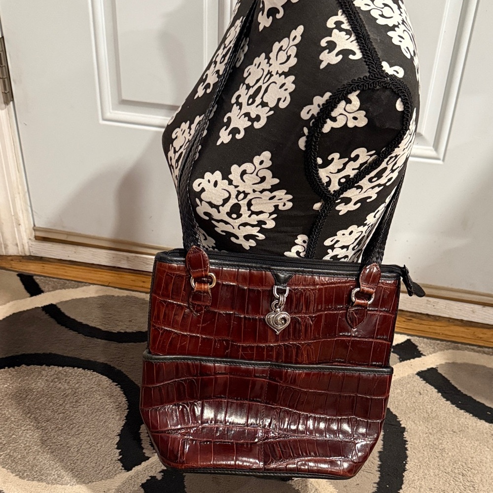BRIGHTON Croc-Embossed Brown/Burgundy Leather Shoulder Bag with Heart Charm